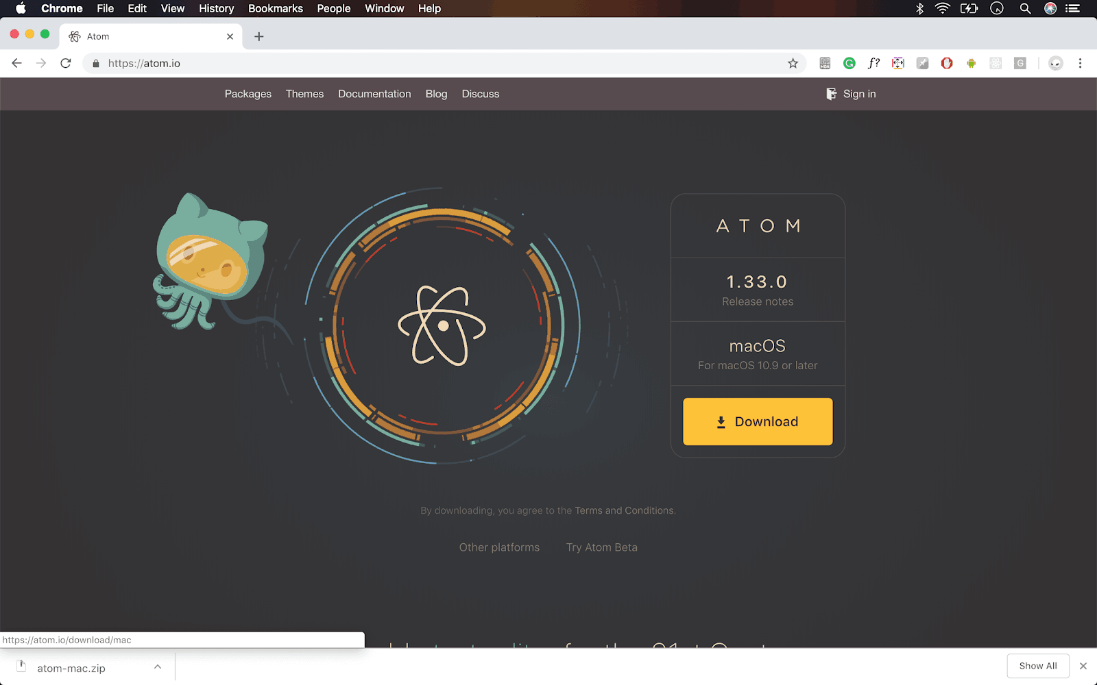 screenshot of atom.io homepage on Mac OS