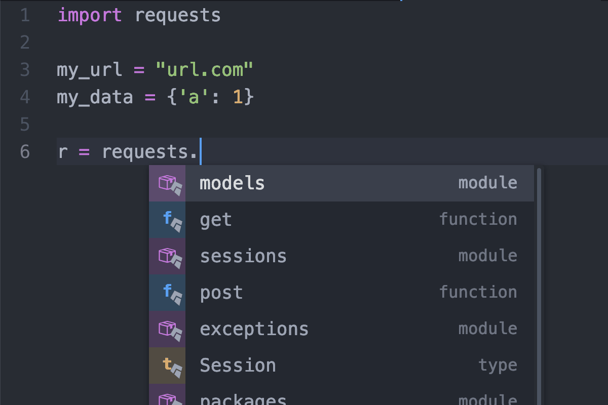 Atom with Kite screenshot requests library