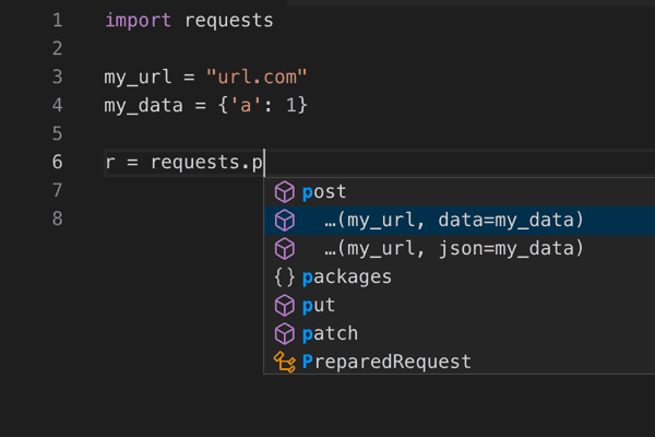 vs code with kite screenshot requests.post call