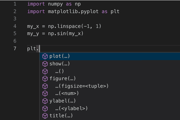 VS Code with Kite matplotlib.pyplot screenshot